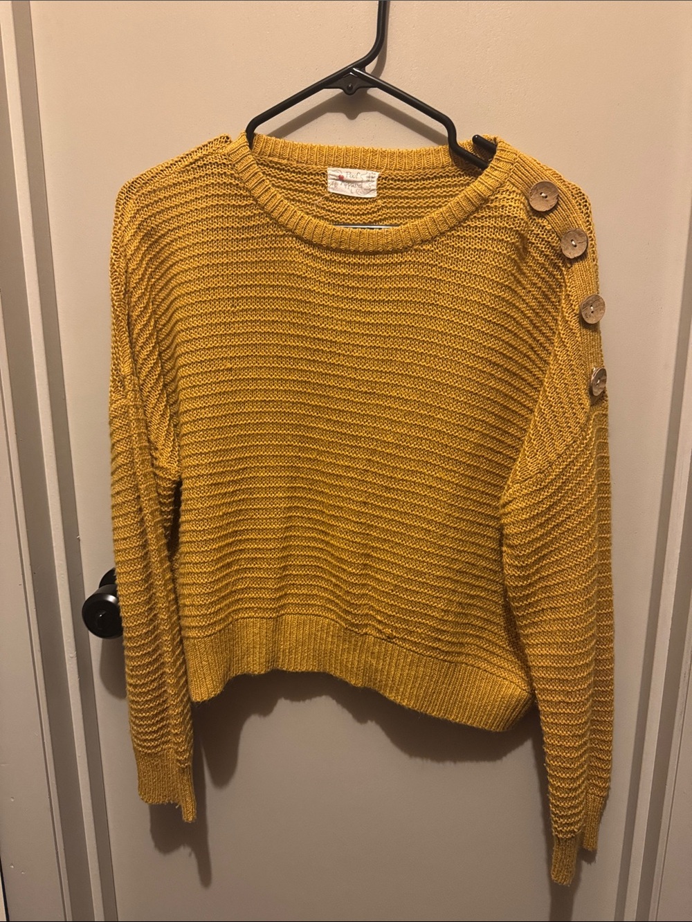 Poof! Mustard Button-Shoulder Crewneck Sweater